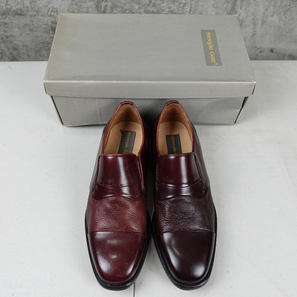 Steeple Gate Slip On Dress Shoes Men's 7.5 Maroon Leather Cap Almond Toe